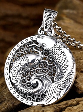 纯银如鱼得水招财转运锦鲤吊坠男女士情侣项链复古风国潮挂件双面