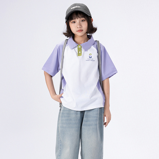女童百搭上衣 Singira儿童简约字母渐变翻领T恤男童学院风POLO衫