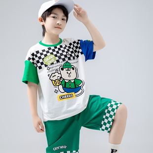 Singira新款棋盘格小熊短袖T恤宽松圆领男童休闲上衣宝宝夏季童装