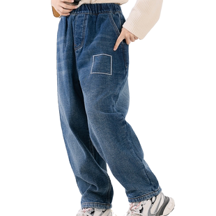 Singira童装男女童同款女孩牛仔裤洋气加绒长裤方格绣花直筒宽松