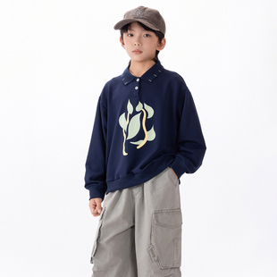 Singira儿童植物抽象图案休闲日系翻领卫衣宽松女童长袖男童内搭