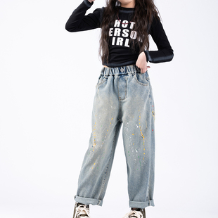 Singira24春儿童泼墨牛仔裤高街美式彩色墨点复古直筒春秋季松紧