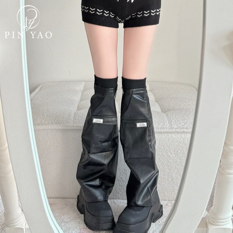 pu皮袜套y2k口袋标签设计秋冬腿套堆堆袜ins潮甜美过膝jk朋克腿套