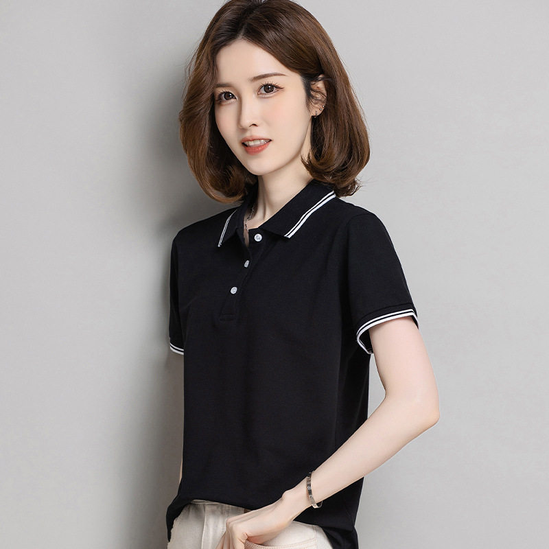 纯棉翻领短袖T恤女士条纹POLO衫休闲有领上衣定制logo工作服夏季
