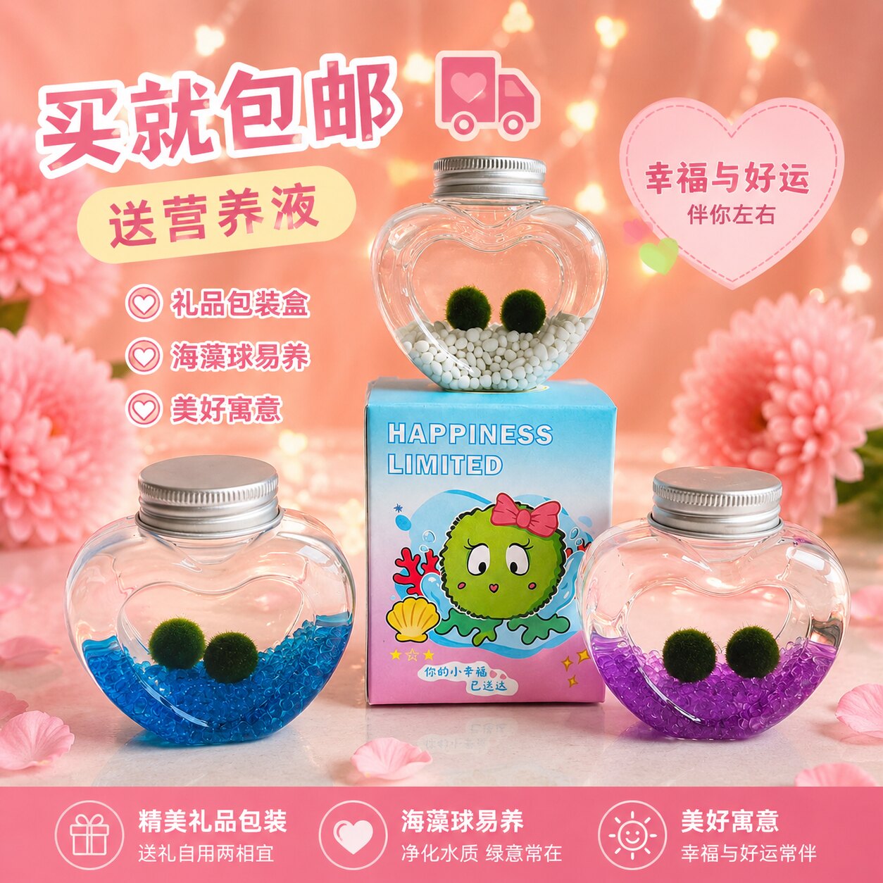 marimo幸福海藻球爱心瓶节日创意礼物迷你绿植水培盆栽微景观苔藓