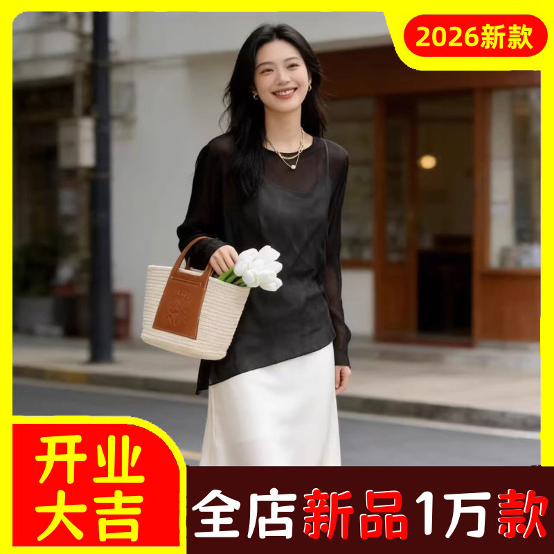 法式轻薄微透乔其纱女圆领宽松套
