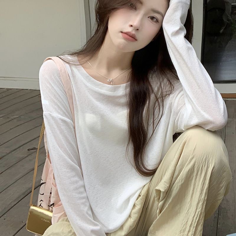 雪纺冰丝女春夏薄款长袖T恤2026新款外搭罩衫慵懒风宽松上衣