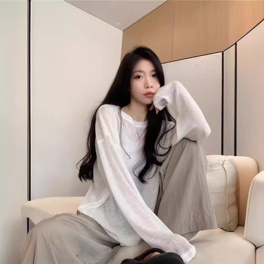 慵懒风休闲薄款长袖T恤女春季小众宽松显瘦别致白色针织上衣