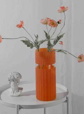 创意橙色玻璃花瓶摆件直筒餐桌客厅水培插花简约家居软装饰品轻奢