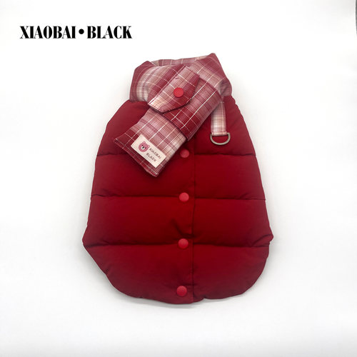 新年红秋冬新款过年宠物棉马甲格子围脖深冬保暖雪纳瑞无袖棉衣
