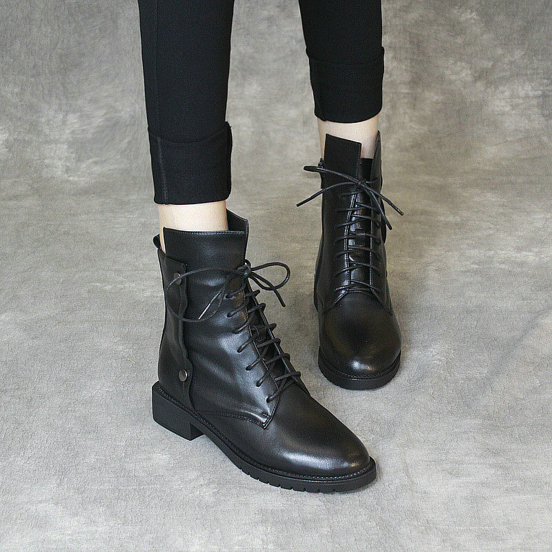 2019秋冬新款欧美潮粗跟短靴女真皮铆钉系带马丁靴牛皮中跟女靴头|ruв категории Женская обувь, сапоги - от Buy2taobao.com для оказания профессиональной услуги покупки агента Taobao