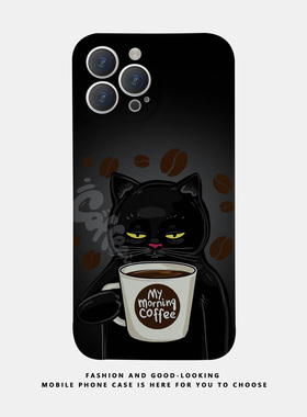 适用苹果华为喝咖啡的黑猫iPhone17 1315promaxnova9/mate50新款p50s16荣耀80情侣opporeno9手机壳iqoo12