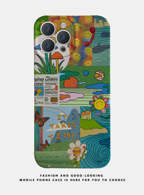 适用苹果华为iPhone17 15promax13reno9mate40P30/p50新款nova10x90pro荣耀80插画标签英文情侣手机壳iqoo12