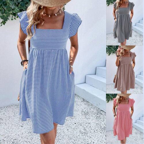 2026 New Style Frill-edged Checkered High-Waisted Dress for