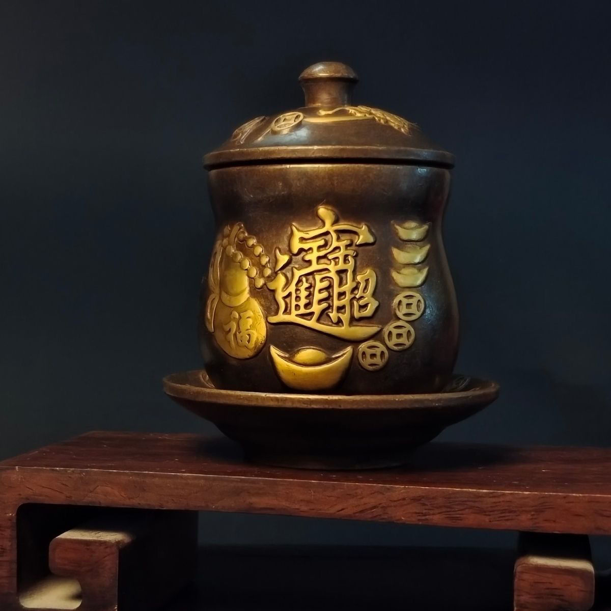 纯铜点金鎏金招财进宝年年有余茶杯茶宠茶道观赏摆件杂项古玩收藏