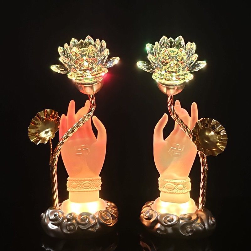 2024新款LED七彩莲花灯水晶长明灯奢华佛手灯家庭莲花灯供佛一对