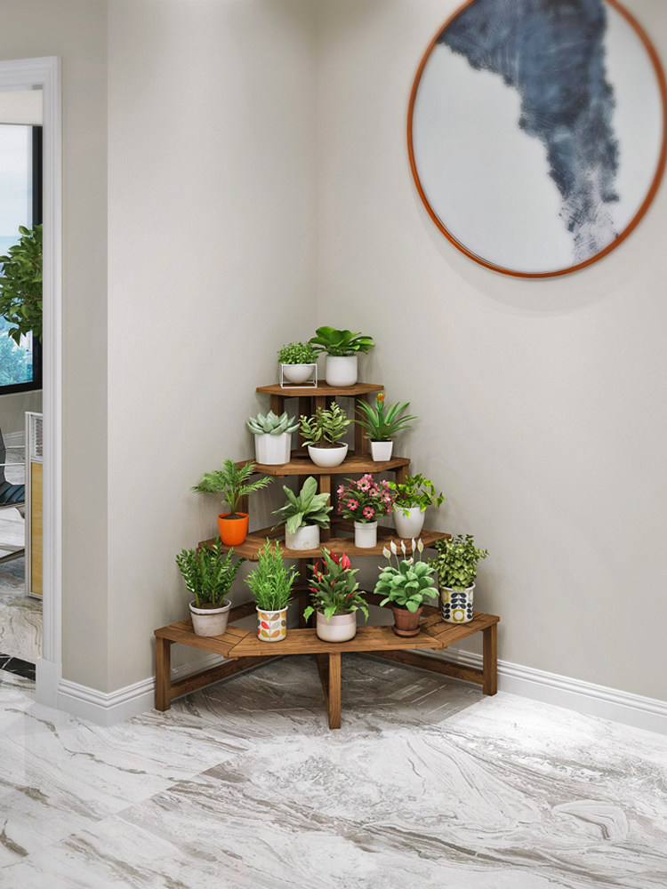 阳台边角阶梯花架多层室内墙角盆栽多肉架子三角形转角实木置物架