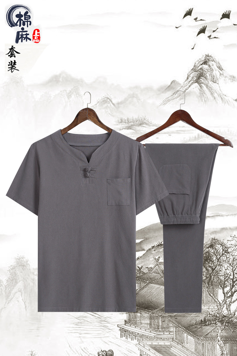 2021跑量款风夏季薄款棉麻休闲盘扣复古短袖套装4002-788,男装休闲套装,星座1018