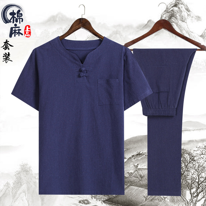 2021跑量款风夏季薄款棉麻休闲盘扣复古短袖套装4002-788,男装休闲套装,星座1018