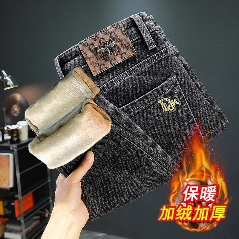 潮牌加绒加厚黑色裤子2025秋冬新款爆款牛仔裤男修身小脚休闲男裤