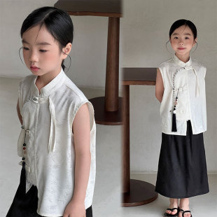 背心宝宝黑色A字半身裙 提花无袖 女童汉服缎面国风套装 儿童新中式