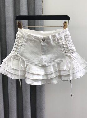 女童白色牛仔高腰荷叶边超短裙