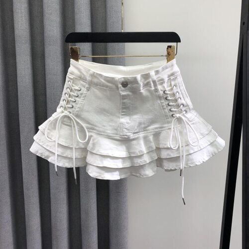 女童白色牛仔高腰荷叶边超短裙