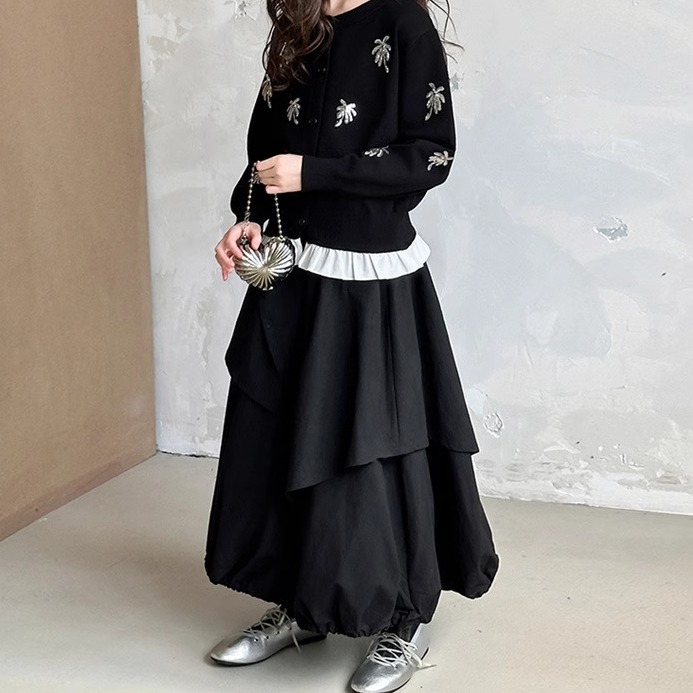 韩系穿搭女童黑色工装半身裙