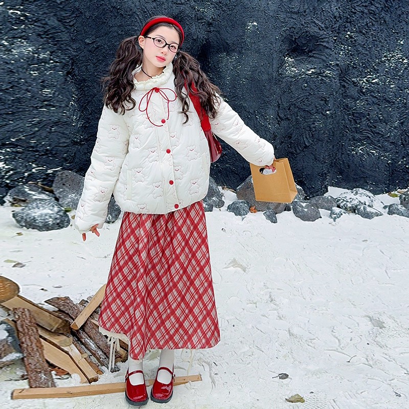 女童红色格纹半身裙儿童秋冬加绒A字裙小女孩甜美复古过膝长裙子
