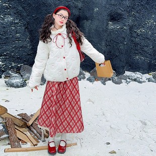 女童红色格纹半身裙儿童秋冬加绒A字裙小女孩甜美复古过膝长裙子