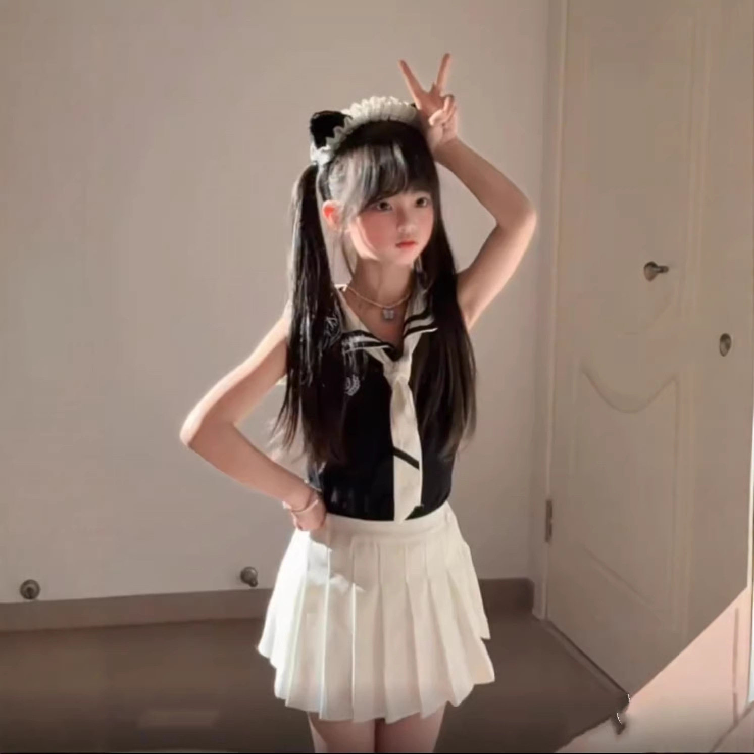 女童学院风套装裙儿童无袖海军领带T恤百褶短裙两件套水手JK制服