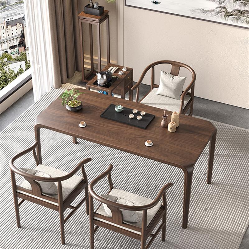 胡桃木茶几家庭客厅功夫茶几简约和的月亮实木阳台茶几典雅组合椅