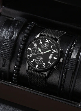 Men underwear男士手链手表套装 单历假三眼帆布石英手表+PU手链