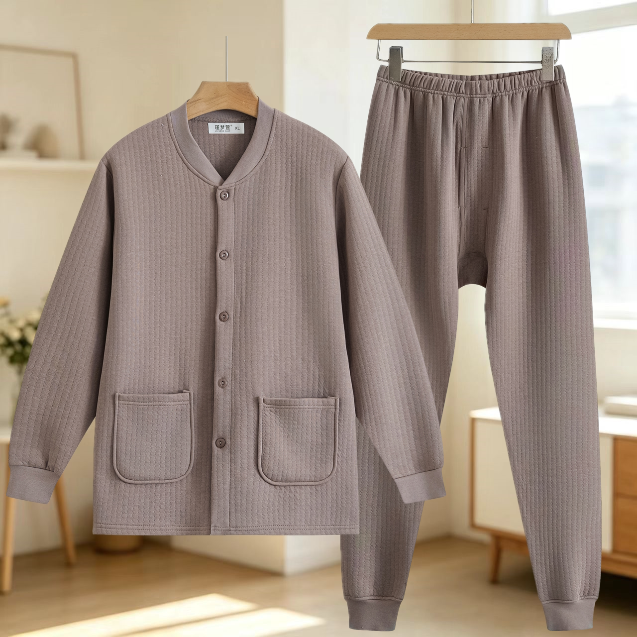 中老年人三层中厚保暖内衣套装男爸爸对襟开衫老人家居服秋冬