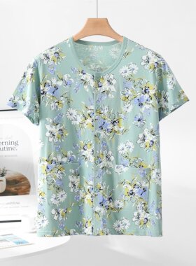 国风印花春夏新品纯棉短袖开衫女士妈妈打底上衣中老年奶奶睡衣