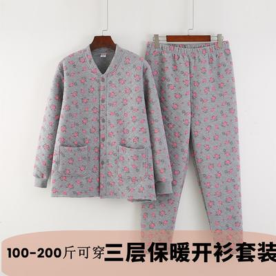 中老年人女纯棉三层夹棉加厚睡衣