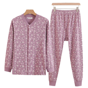 妈妈装 长袖 女秋衣新款 系扣圆领上衣裤 子套装 宽松大码 纯棉开衫