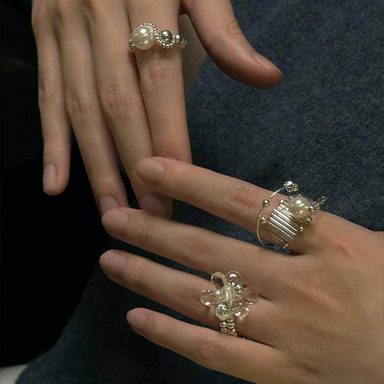 JINWAN原创纯手工水滴花苞立体感 侧开口通体925银植物元素戒指