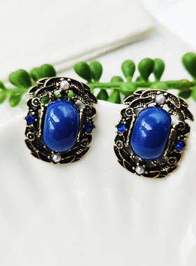 中古vintage耳饰欧美流行复古气质个性时尚百搭蓝色耳钉C394