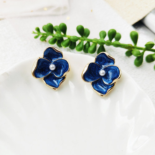 复古宫廷风蓝色花朵耳环女气质小众轻奢法式优雅耳饰C409