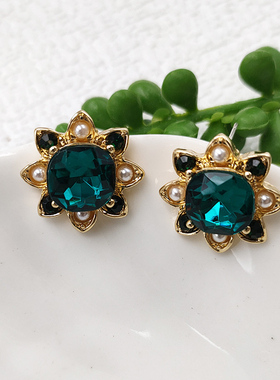 中古vintage复古宫廷风耳环百搭耳钉耳坠轻奢高级感绿色耳饰B852