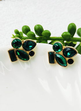 中古气质耳钉法式复古高级感绿色水晶花朵耳钉设计耳饰潮C063