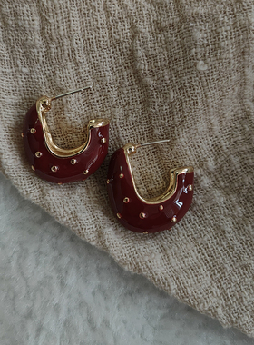 中式复古耳环韩式气质滴油斑点C字酒红色耳钉无耳洞耳夹饰品998