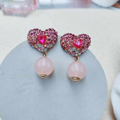 复古气质粉色爱心耳钉新款时尚轻奢气质款满钻少女耳钉C387