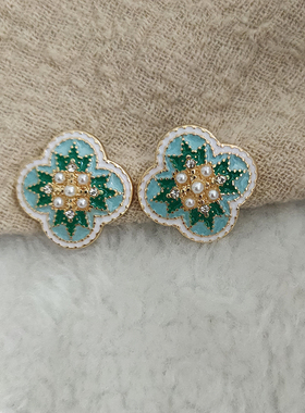 宫廷温柔蕾丝绿色花朵耳钉秀气中式复古旗袍汉服古风耳饰女892