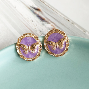 油画蝴蝶 复古vintage西洋风紫色滴釉圆形银针耳钉耳夹B481 法式