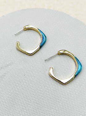 绿色滴油金属耳环不规则C形耳钉冷淡风简约气质银针耳饰C015