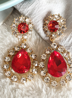 法式复古巴洛克耳环宫廷港风红宝石耳钉晚宴轻奢耳夹耳饰B085