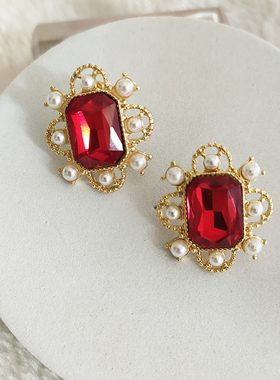 红色方形宝石银针法式复古小众设计欧美气质百搭耳饰耳环耳夹B812