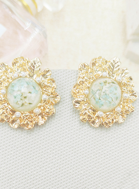 中古绿色宝石耳饰花朵银针耳钉法式优雅气质宫廷风耳环女C294